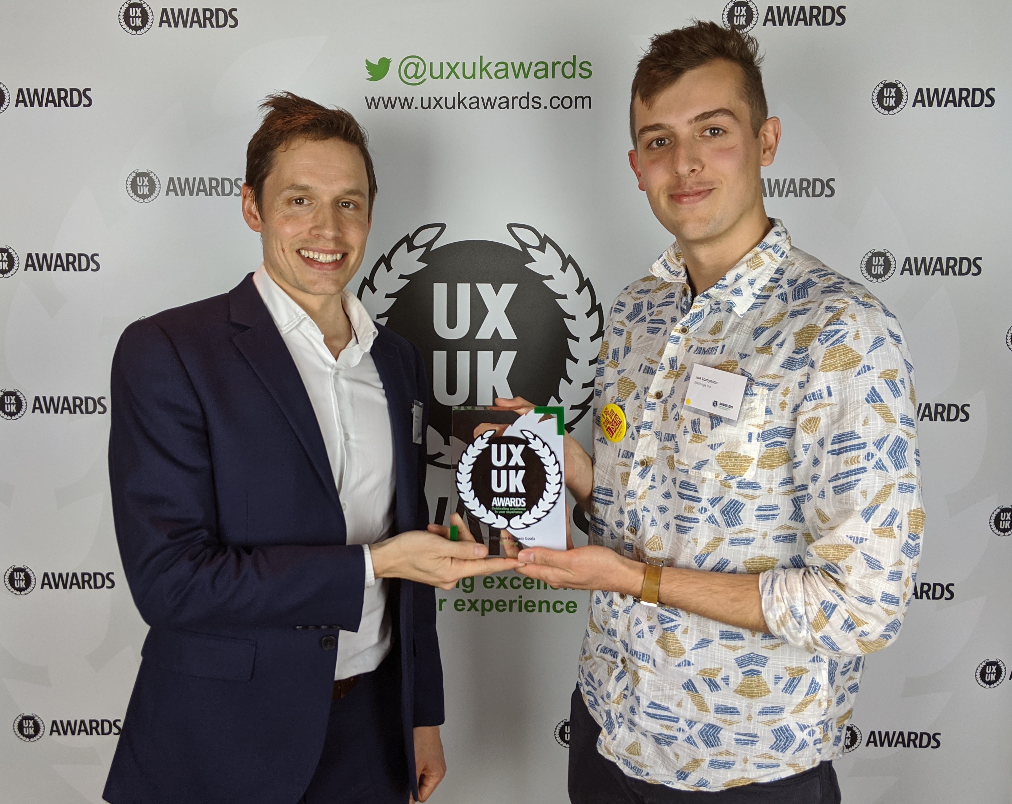 Jonathan Carr, CTO and Joe Lamyman, Development Specialist holding SkillsForge's UX UK Award